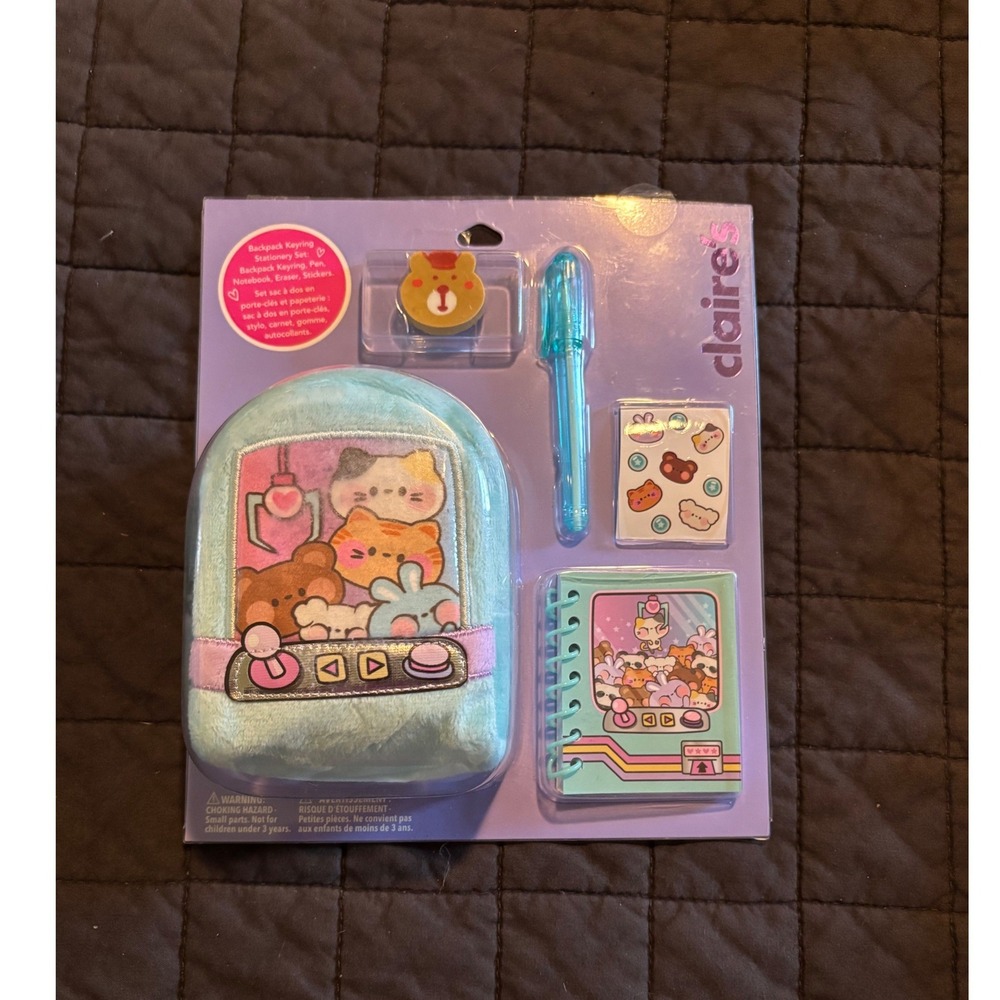 Claire's Backpack Keyring Stationery Set Teal Plush Pouch Notebook Pen Stickers‎